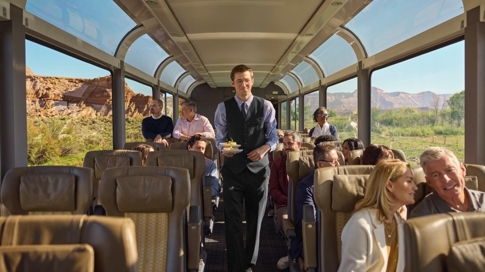 Inside the glass-dome coach on Canyon Spirit