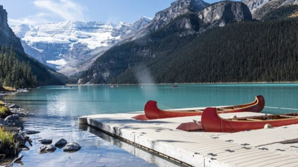 Canoeing on Lake Louise is a favourite way to explore Alberta’s most famous lake. It’s milky turquoise color is a result of “rock flour” from the melting glaciers above it.