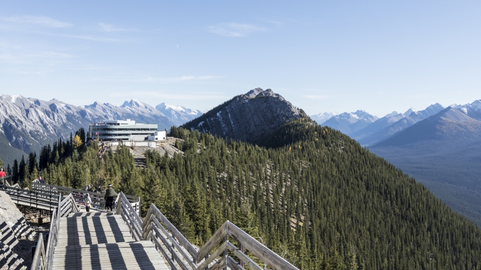 The Sulphur Mountain Boardwalk offers views of six mountain ranges and the town of Banff below.