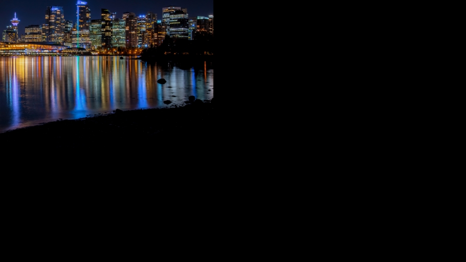 Vancouver at night, as captured from the Stanley Park Seawall.
