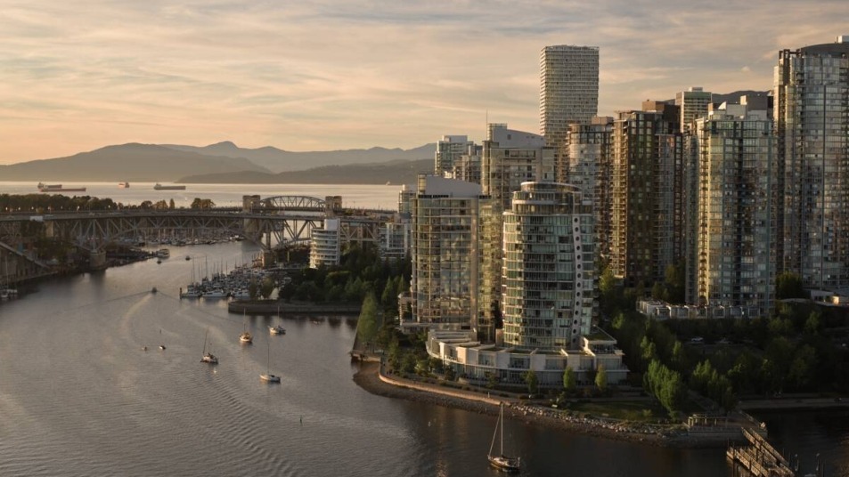 Aerial shot of Vancouver downtown and harbor at sunset