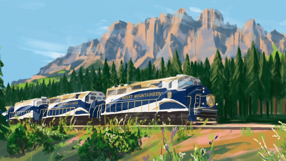 Rocky Mountaineer travels by Castle Mountain in Banff National Park.