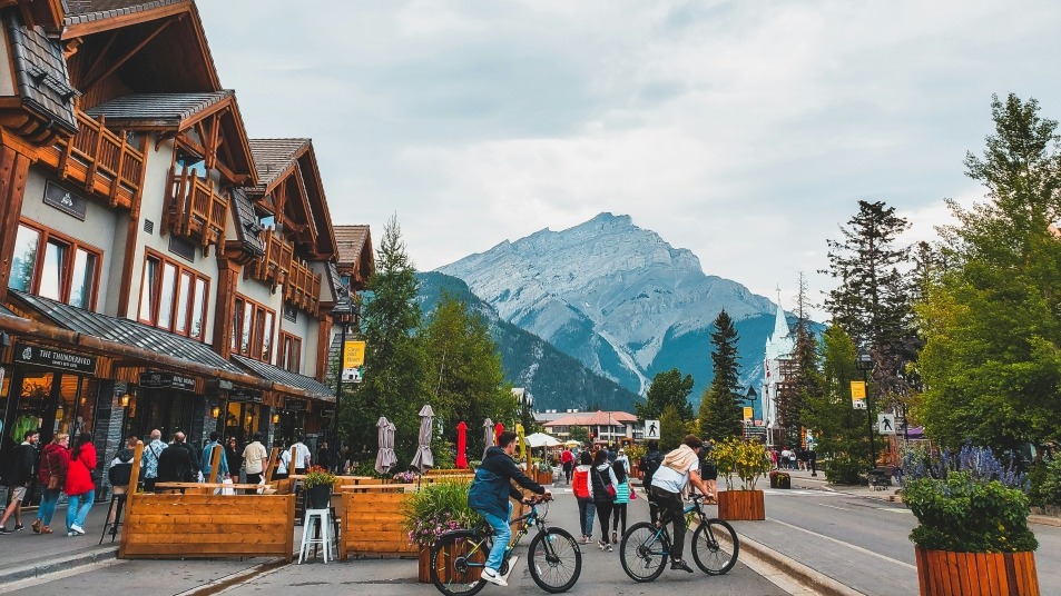 Downtown Banff with a view of Cascade Mountain