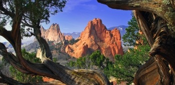 View through tree branches of Garden of the Gods in Colorado Springs, Colorado