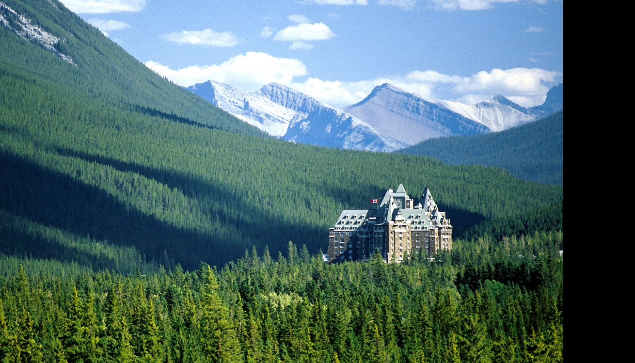 fairmont banff springs surrounded by forest and mountains