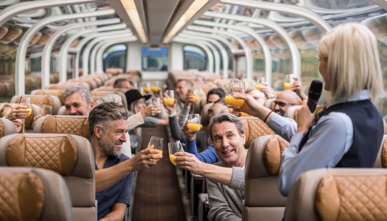 Guests celebrating on a Rocky Mountaineer Goldleaf train.