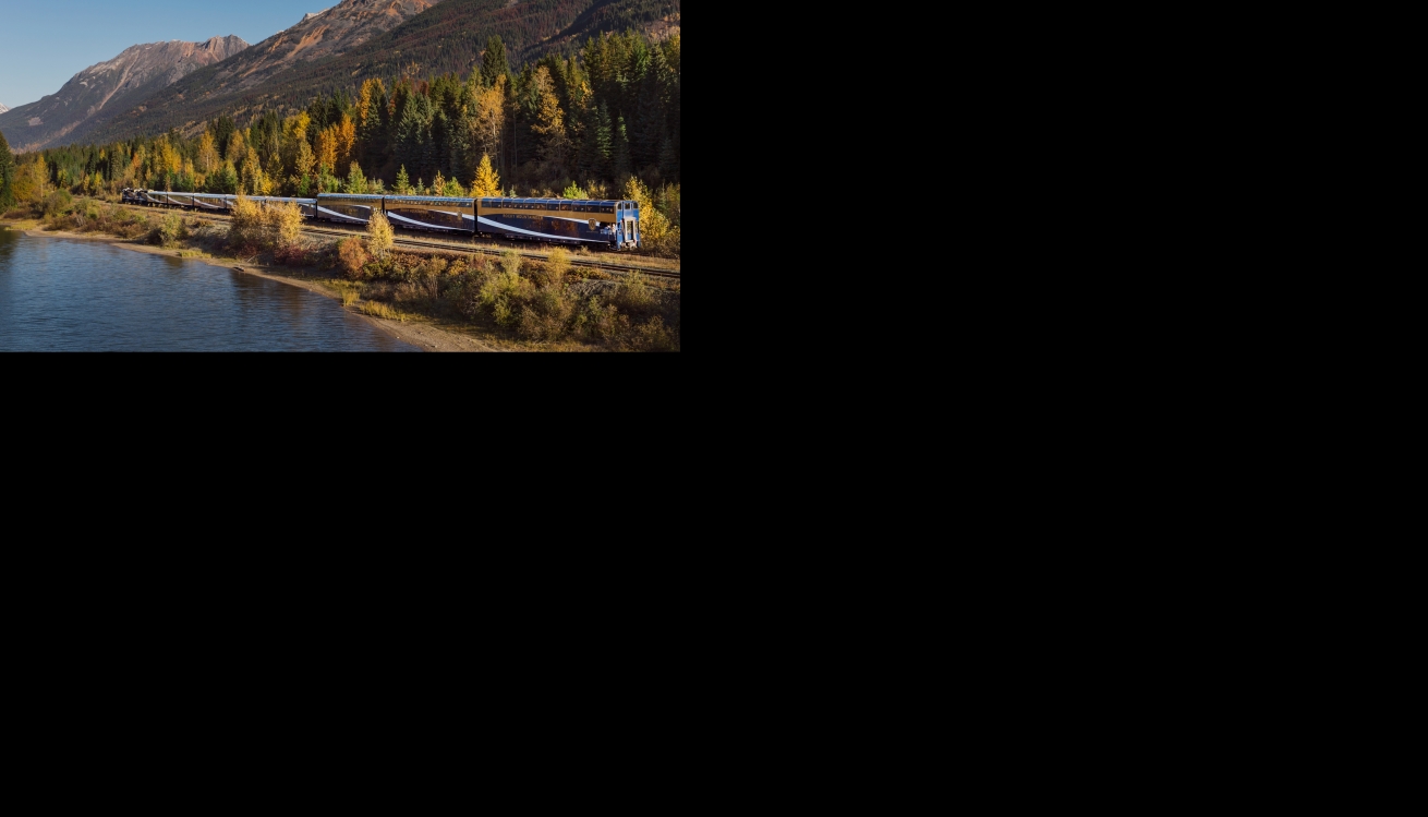 Rocky Mountaineer train travels through the Canadian Rockies.