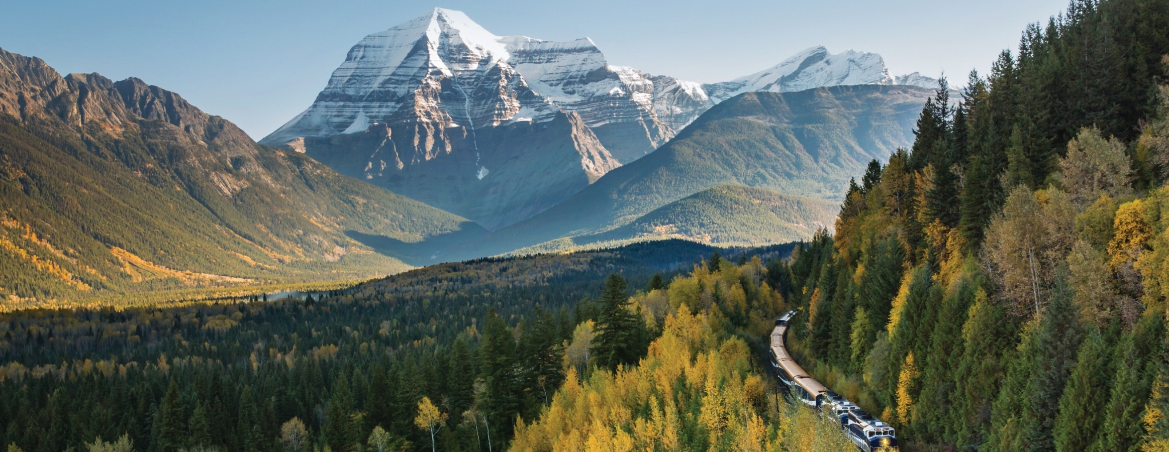 Rocky Mountaineer train with Mount Robson in the back