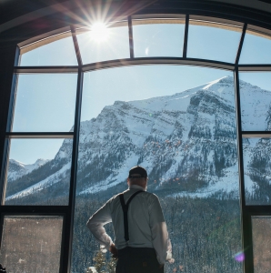 Enjoying the view from the Lakeview Lounge at the Fairmont Chateau Lake Louise.