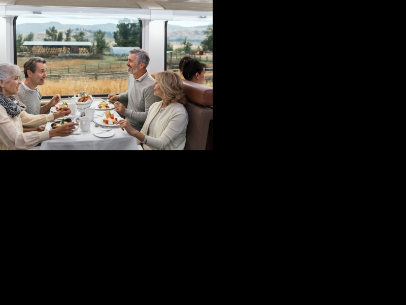 Breakfast in Rocky Mountaineer’s GoldLeaf Service dining room.